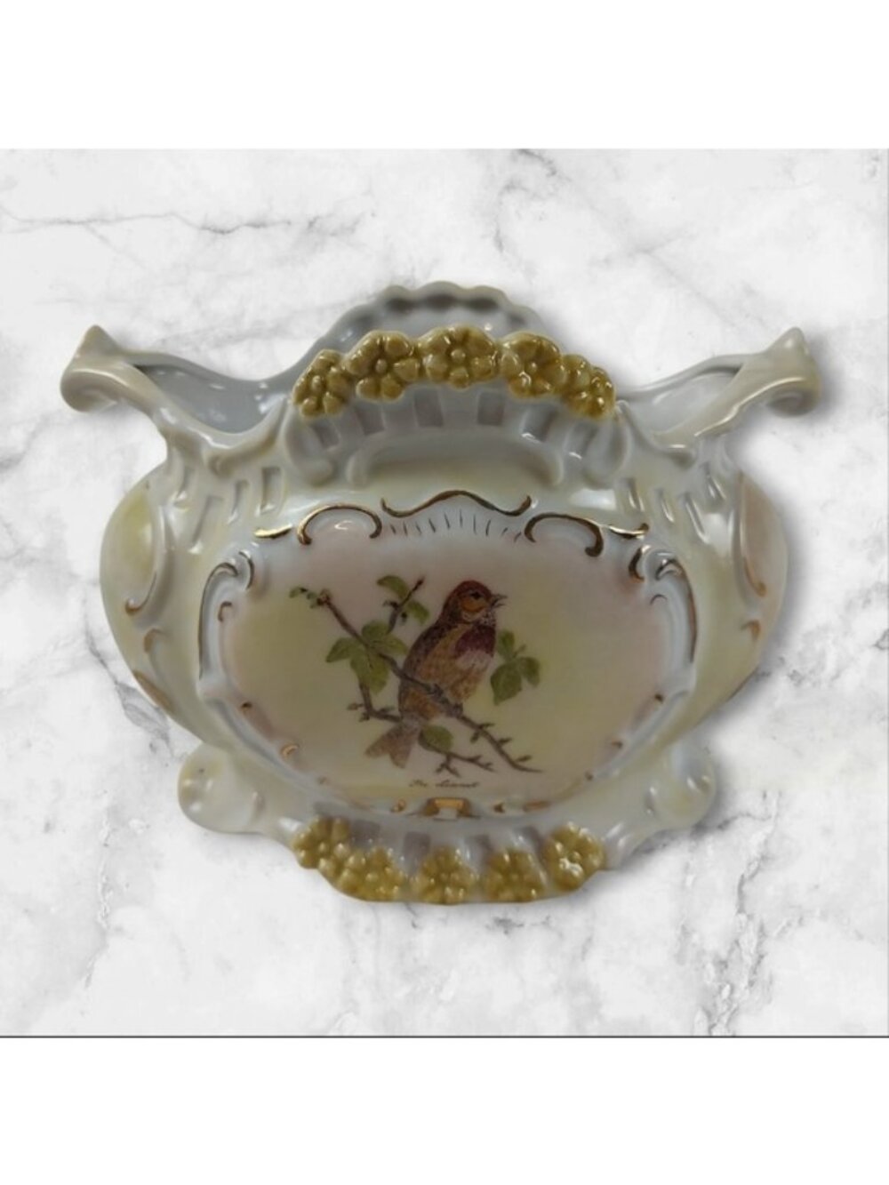 Antique Victorian Bird Hand Painted Porcelain Jardiniere Centerpiece